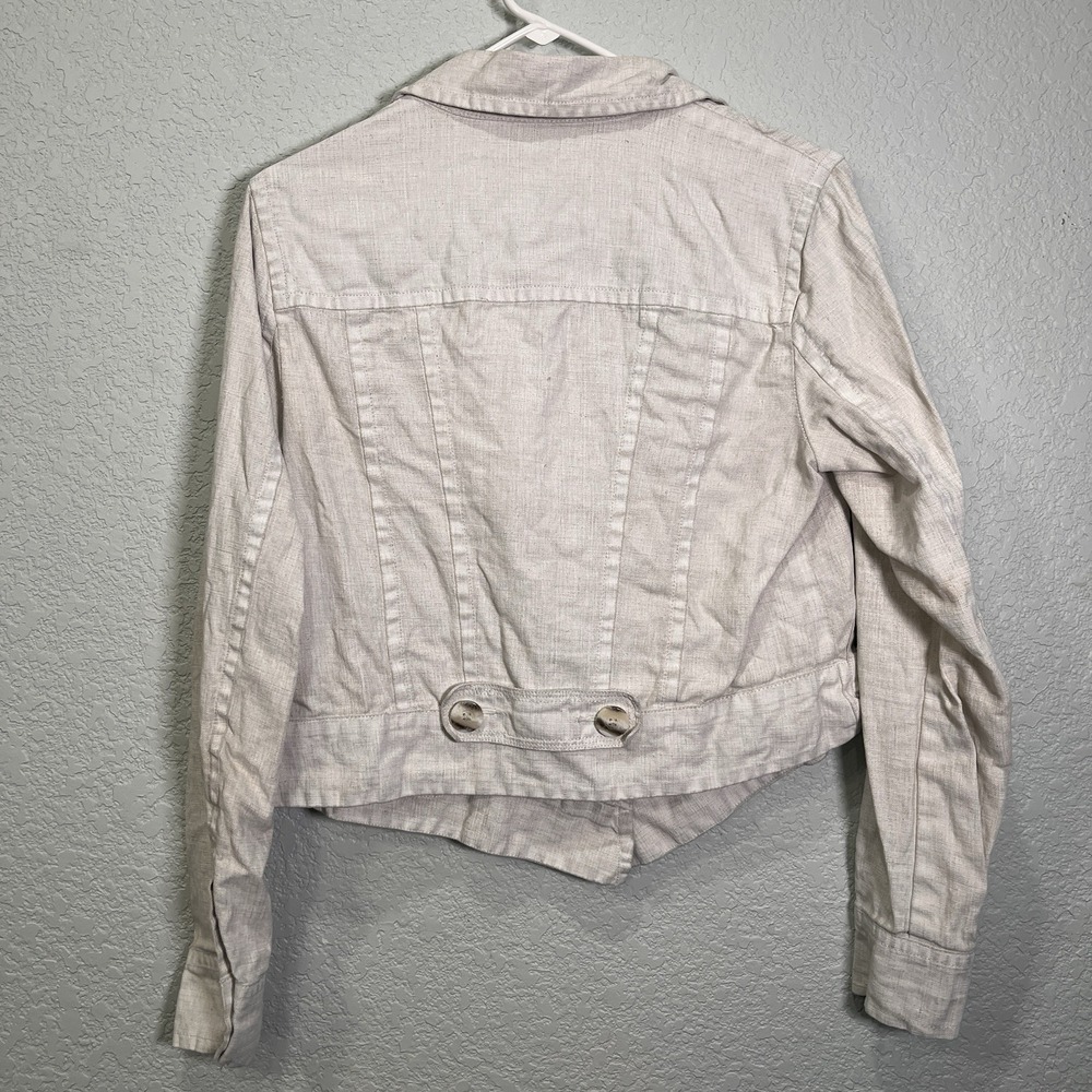Cabi Ruffle Trim Cropped Jacket Women M Oatmeal Linen Blend Long Sleeve Beige - Picture 3 of 6